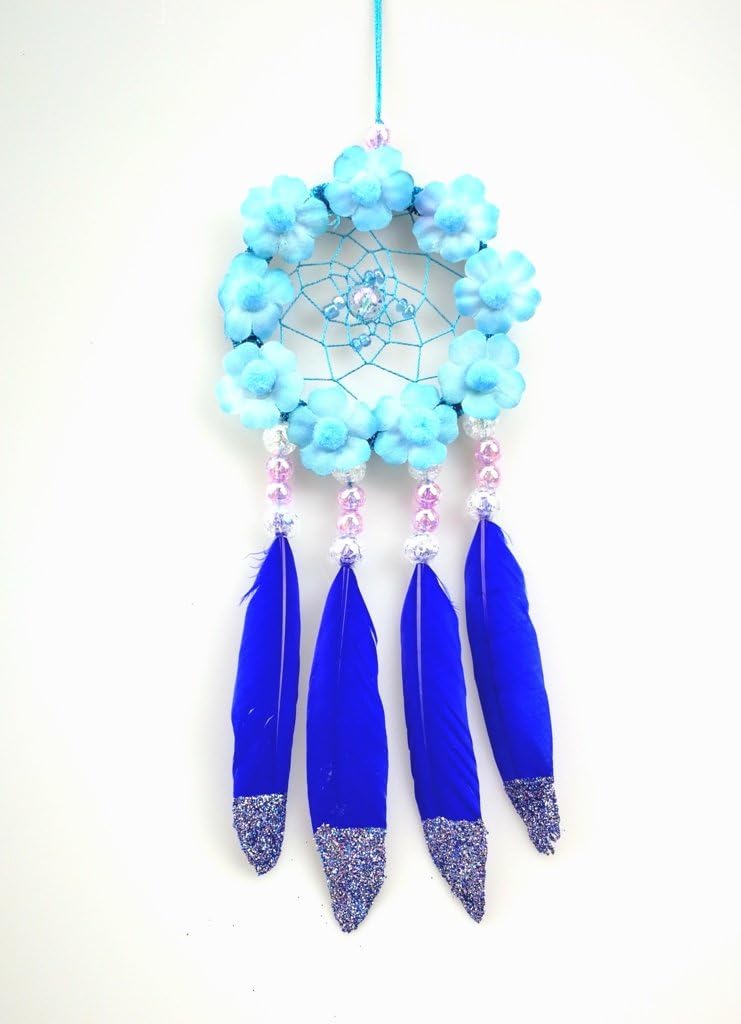 Mini Dream Catcher For Car Rear View Mirror Accessories Handmade Blue Floral Sparkly Weave Web And Glitter Feathers Boho Chic Ornaments Wedding Bedroom Nursery Teepee Wall Decor