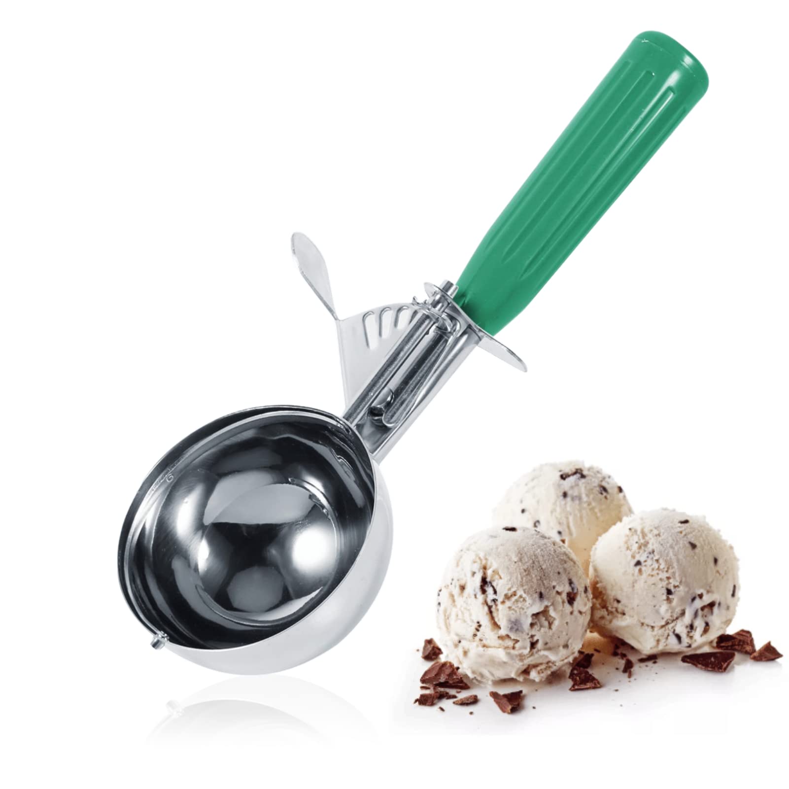 Dioche Ice Cream Scoop, Polished Stainless Steel Ice Cream Spoon with Easy Trigger, Scoop for Ice Cream, Rice, Melon Balls, Cookies, Cakes, Fruit, Mashed Potatoes, Dough, Kitchen Tool (6.5CM- Green)