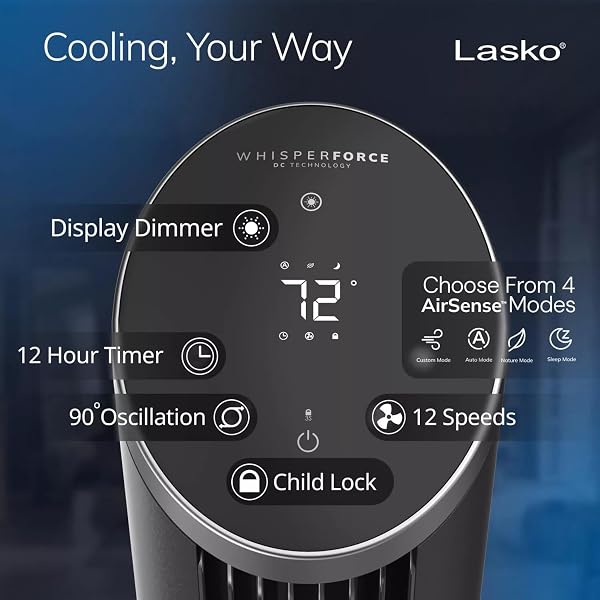 LASKO 42″ 12-SPEED TOWER FAN WITH WHISPERFORCE™ DC TECHNOLOGY AND REMOTE: BLACK/SILVER