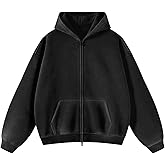 Talakeno Womens Double Zip Up Hoodies Oversized Heavyweight Fleece Sweatshirt Acid Wash Hoodie Vintage Distress Cotton Jacket