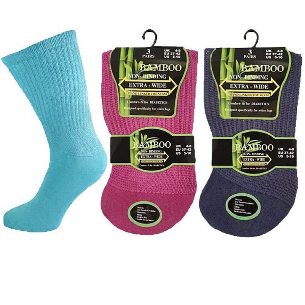 COMFYLOT & KK TRADERS MCR LTD Ladies Bamboo Diabetic Extra Wide Womens Non Elastic Socks with Hand Linked Toes (Assorted, Pack of 3)