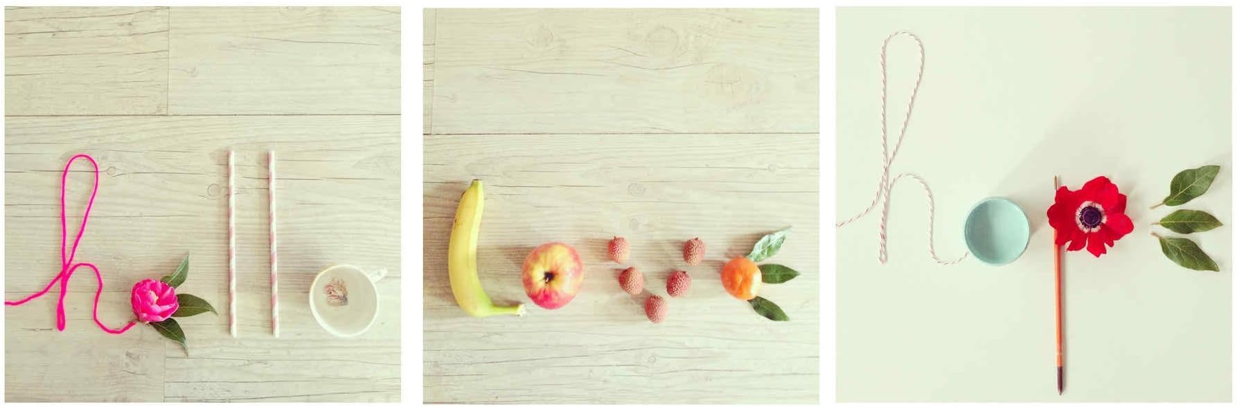 Elementem Canvas Photography Prints: Hello Love & Hope - Fun Flower & Fruit Cute Canvas Wall Art Prints, 3 16 x 16 inch canvas decor in White, Yellow (Perfect for Kids room, Kitchen, Hallway!)