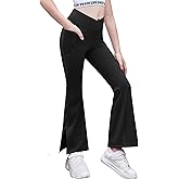 Zaclotre Girls' Flare Leggings with Split Hem Cross High Waist Yoga Bootcut Athletic Kid Bell Bottom Pants with Pockets