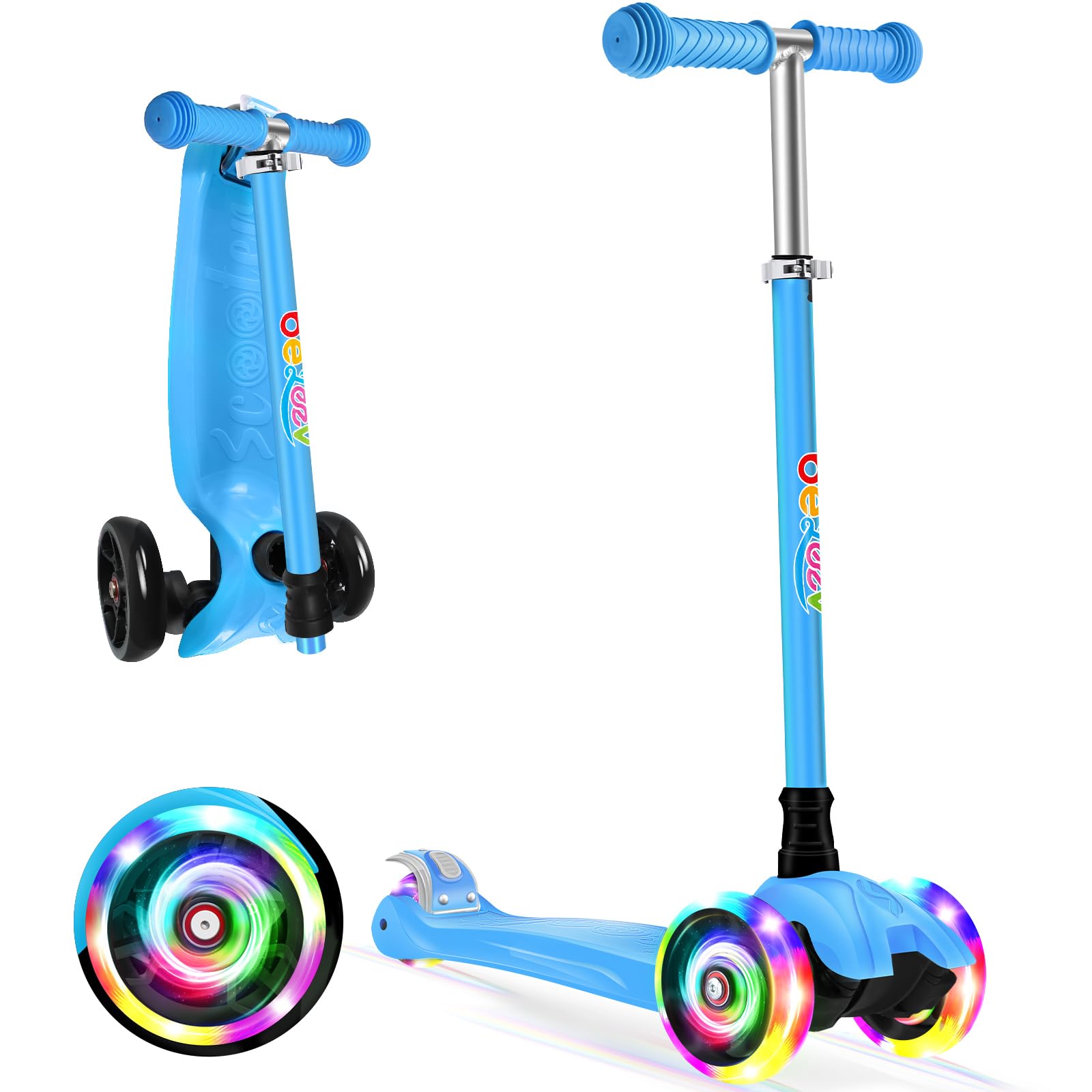 BELEEV Deluxe 3-Wheel Scooter for Kids Age 3-12, Lean to Steer, Light Up Wheels, Extra-Wide Deck (Blue)