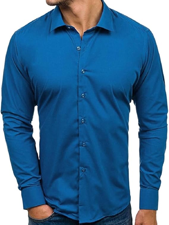 Men's Formal Regular Fit Long Sleeve Shirt Solid Color Lapel Button Down Shirts Blouse Top Sky