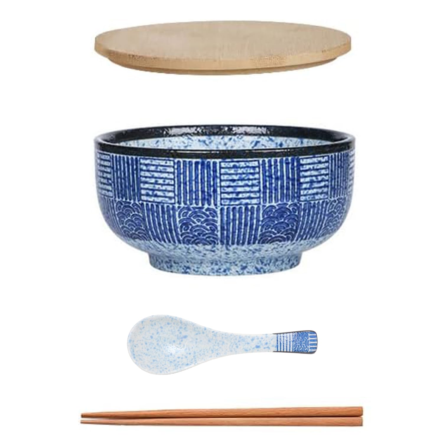 Cteahrow Japanese Ramen Bowl - Large Vintage Ceramic Soup Bowl with Lid and Spoon - 900 ml (Stripes)