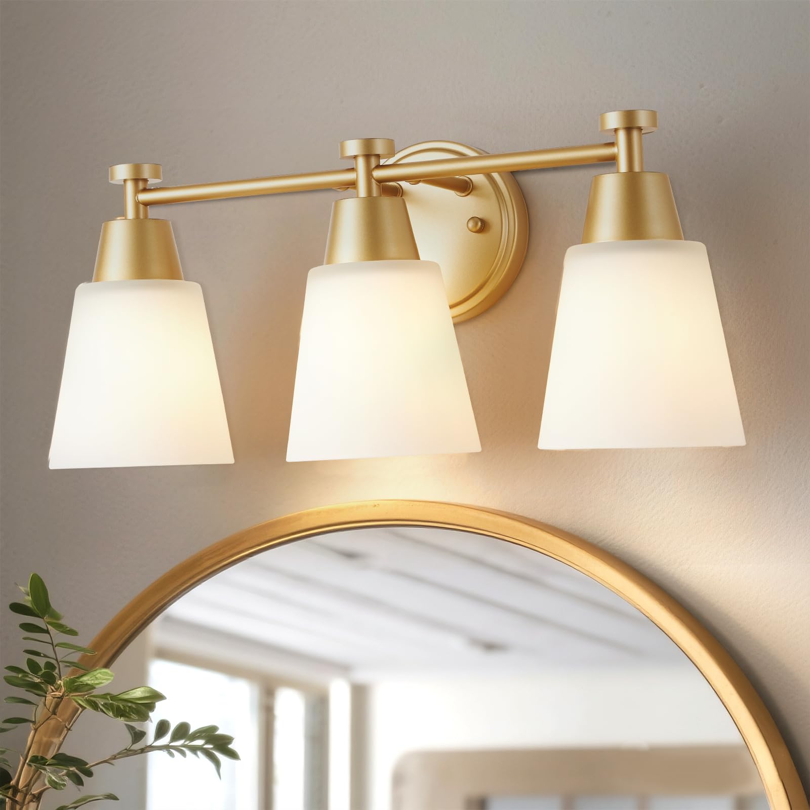 Photo 1 of SENKERFAN Milk Glass Bathroom Vanity Light Over Mirror, 3 Light Brushed Gold Stainless Steel Wall Mount Modern Vanity Light Fixture with Frosted Glass for Bathroom