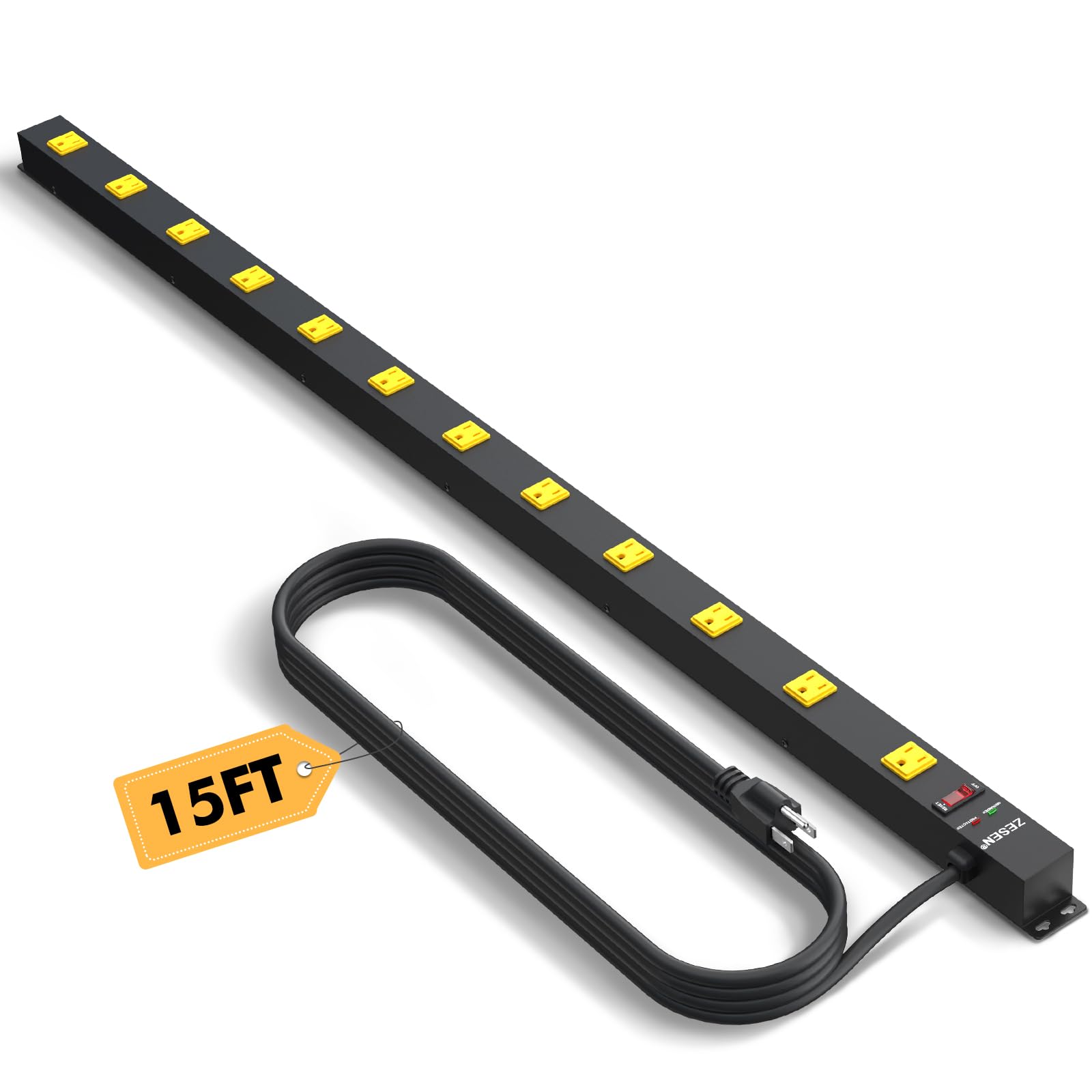 12 Outlet Industrial Long Power Strip with 15Ft Cord, 1875W Heavy Duty Metal Power Strip with Wide-Spaced Outlets & Overload Protection, ETL Listed for Garage, Workshop, Office, Home
