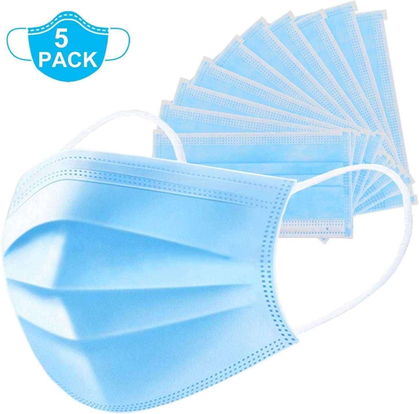 Limbakshit Blue Surgical MASK with Ear Loop, 3 Layered Disposable Medical and Surgical Face Masks Non-Woven, Elastic Mouth Mask Respirator - Blue (5 Pack)