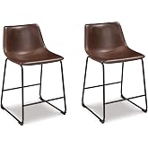 Signature Design by Ashley Counter Height Bar Stools, Set of 2, Brown | Mid-century modern bucket seat, Combination of leather and faux leather, Metal frame, Centiar Series