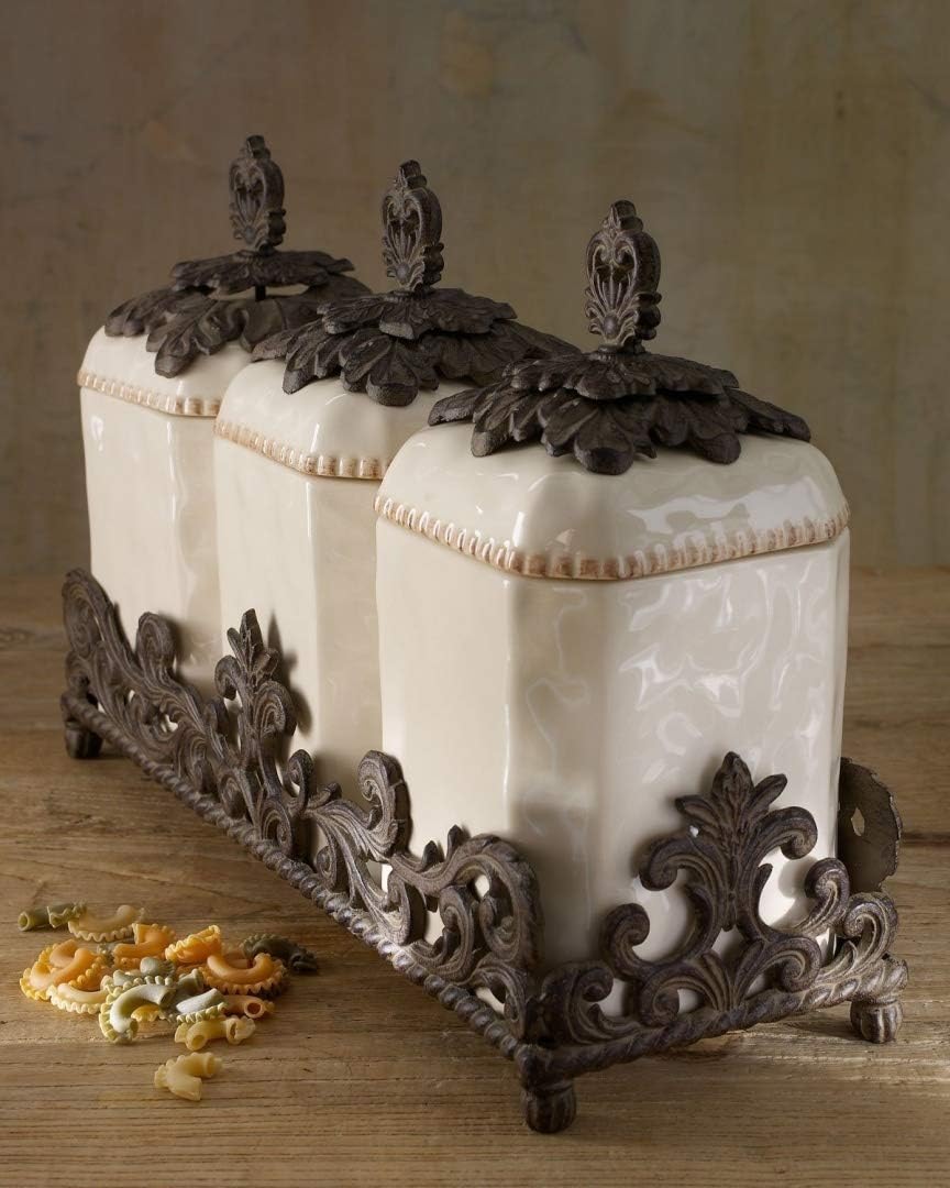 GG Collection3 Piece Ceramic Canister Set with Metal Base - Cream