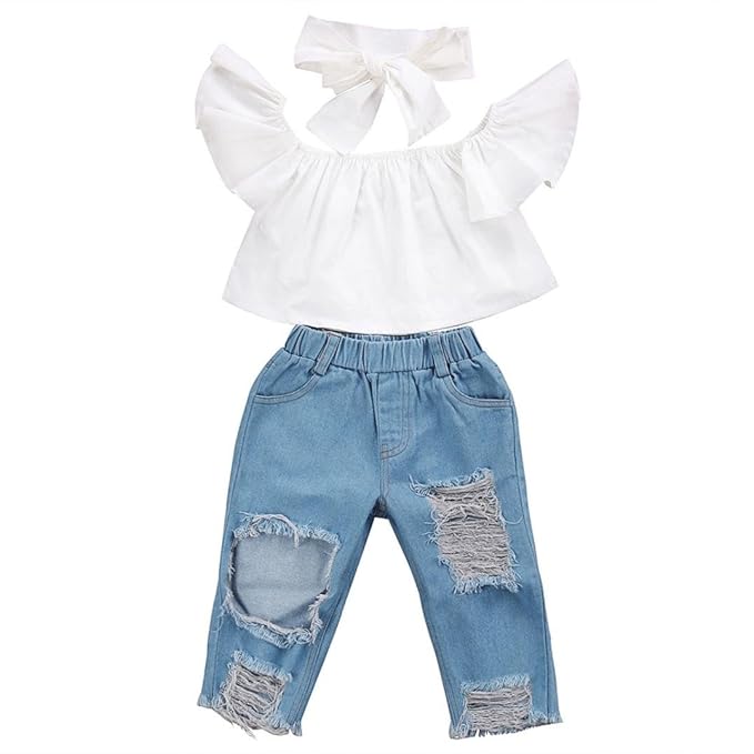 Babykleidung Mädchen Off Schulter Crop Tops + Loch Jeans Hose Kinderbekleidung Blumen Drucken Kleider Set Kinder Kleidung Som
