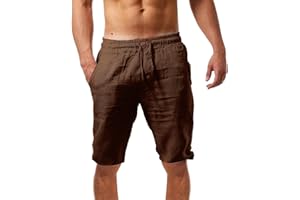 aihihe Men's Linen Bermuda Shorts Elastic Waist Drawstring Casual Summer Shorts Lighweight Loose Fit Beach Short Pants
