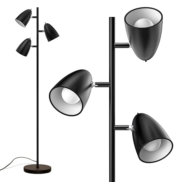 ADDLON TREE FLOOR LAMP WITH 3 ADJUSTABLE ROTATING LIGHTS AND MATCHING LED BULBS, STANDING TALL POLE LAMPS FOR LIVING ROOM, BEDROOM, HOME, OFFICE – BLACK