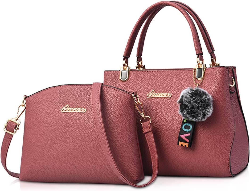NICOLE & DORIS 2-PCS Women Handbag PU Leather Ladies Fashion Tote Bag Shoulder Bag + Clutch Wallet with Pompom Pink