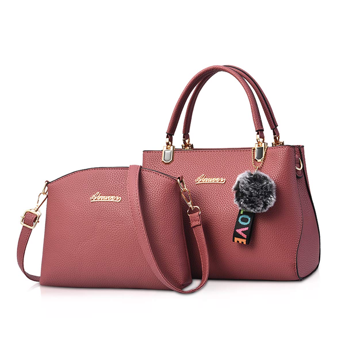 NICOLE & DORIS 2-PCS Women Handbag PU Leather Ladies Fashion Tote Bag Shoulder Bag + Clutch Wallet with Pompom Pink
