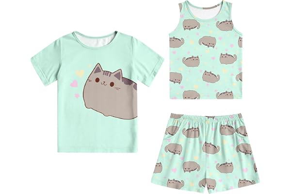Kinberr Girls Pajamas Kids 3 Pcs Pjs Set Novelty Print Sleepwear Outfits Comfy Lounge Set Nightwear 7-14 Years
