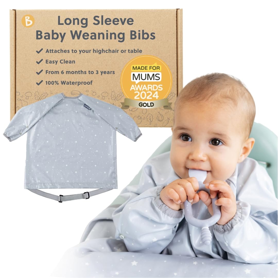 BIBaDO - Long Sleeve Baby Bibs - Babies & Toddlers 6-36 Months - Coverall Baby Weaning Bib - Easy Wipe Clean & Soft Fabric - Attach to Highchair & Tables - Waterproof - Machine Washable - Gifts