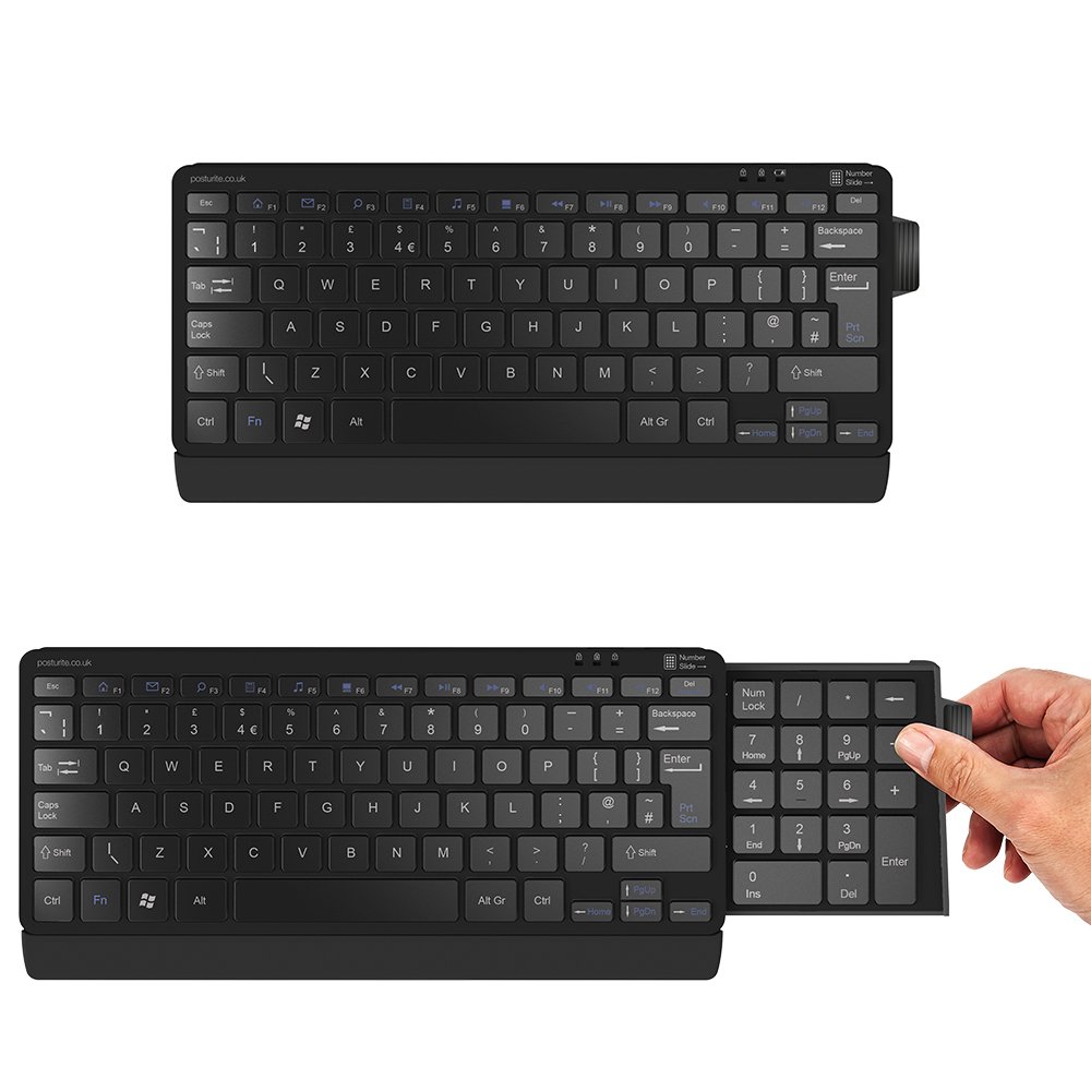 Posturite Retractable Number Slide Compact Keyboard, Slimline Ergonomic Profile, Wired USB Connectivity (Black)