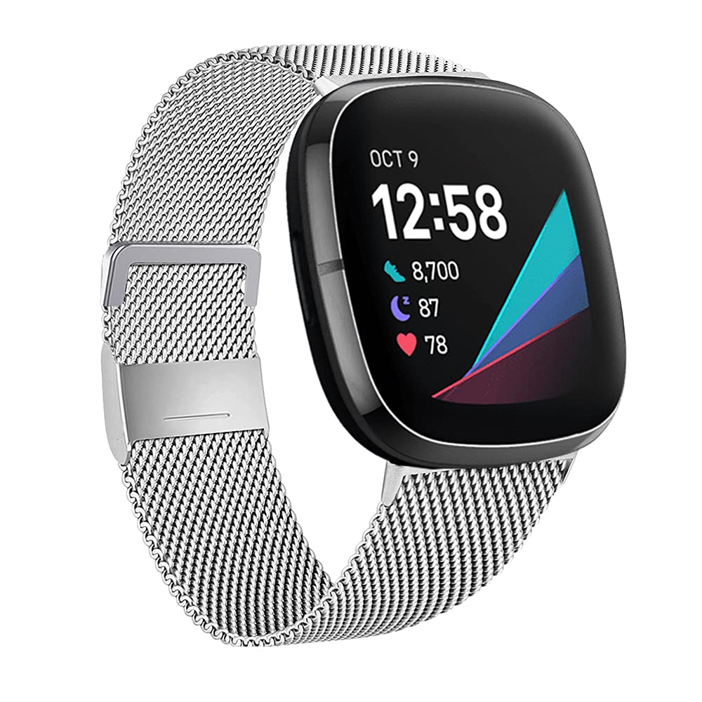 Moydolo Compatible with Fitbit Versa 4 Bands Men, Stainless Steel Metal Replacement Mesh Straps for Sense 2, Adjustable Magnetic Lock Loop （Small, Silver）, (DE-FB-V4-02)