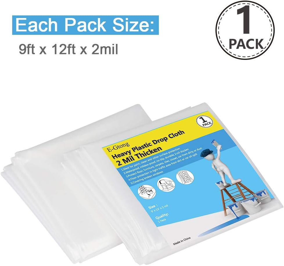 E-Gtong 1-Pack 2 Mil Plastic Drop Cloth, 9-Feet by 12-Feet Heavy Duty Plastic Painting Tarp, Waterproof Clear Plastic Tarp, Plastic Sheeting for Furniture, Wall Painting, Patio - - 