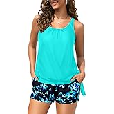 Blouson Tankini Swimsuit with Shorts - Womens Two Piece with Pockets Tummy Control Bathing Suit Modest Swimwear 2025