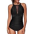 Tempt Me Women One Piece Swimsuit High Neck Plunge Mesh Ruched Monokini Swimwear