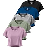 Real Essentials 5 Pack: Women's Dry-Fit Crop Top Short Sleeve Shirts Workout Gym Cropped Athletic Tee (Available in Plus)