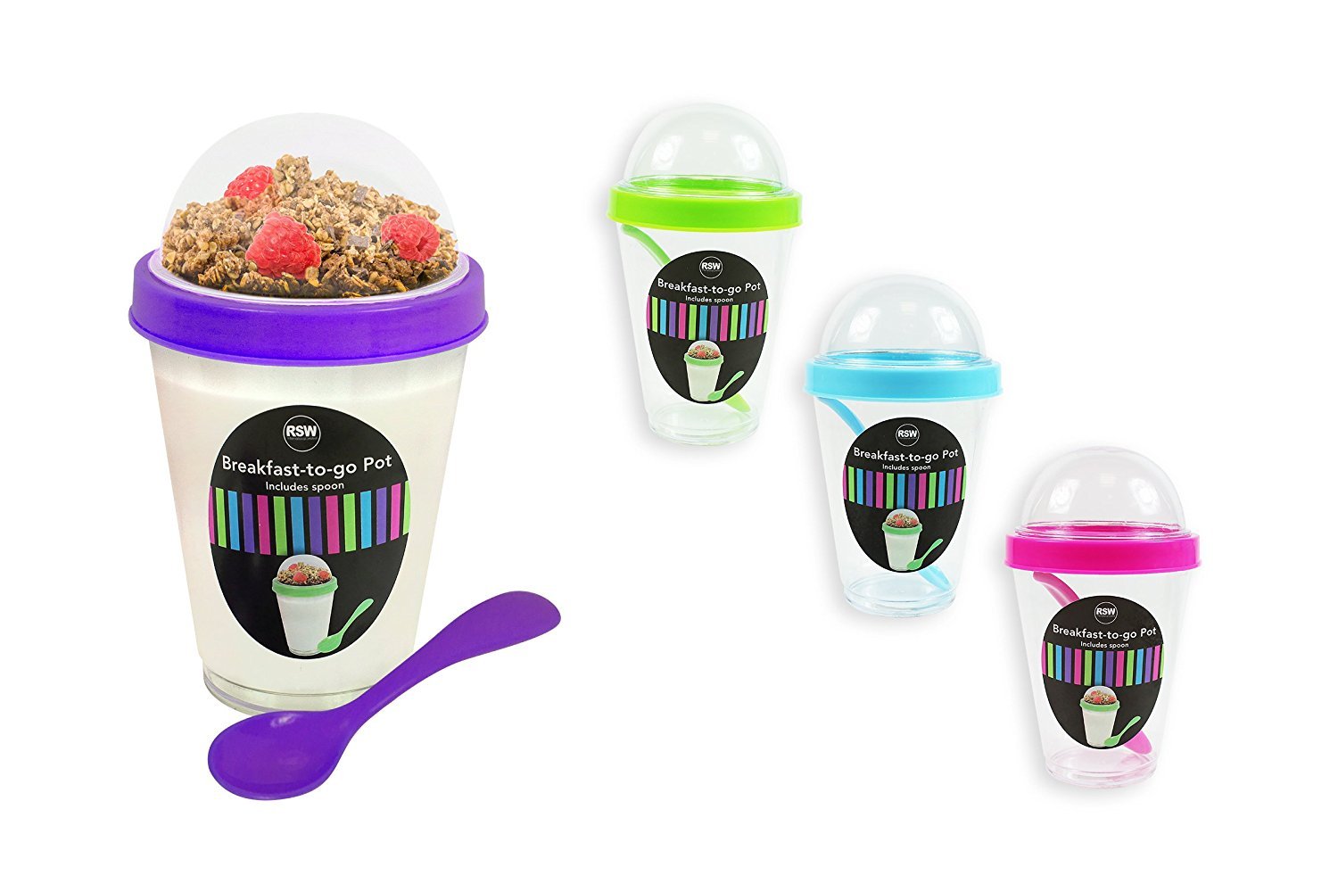 Handy Yogurt Pot & Cereal Bowl - 4 Pack Reusable Plastic Food Storage Tub - Breakfast to Go Healthy Snack Fruit Pot
