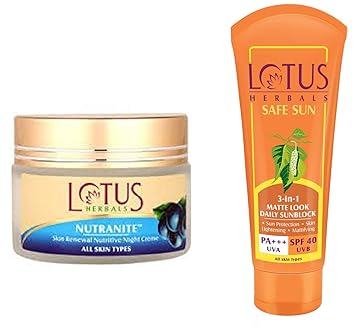 Lotus Herbal Nutranite Skin Renewal Nutritive Night Creme, 50g and Lotus Herbals Safe Sun 3-In-1 Matte Look Daily Sunblock SPF-40, 50g