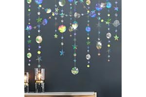 Cheerland Iridescent Star Garland Decorations Holographic Hanging Stars Moon Party Decoration Galaxy Birthday Streamer Ramadan Eid Banner Baby Shower Wedding Backdrop Space Alien Celestial Decor