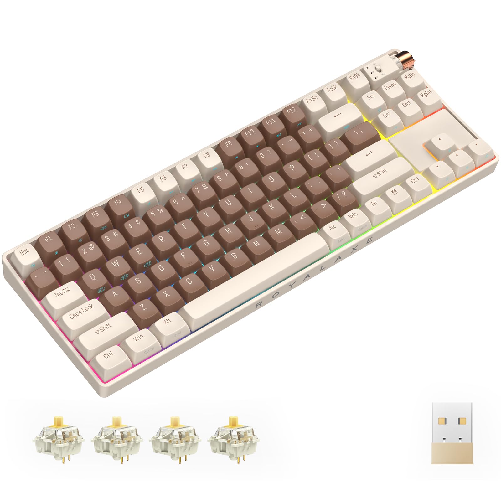 ROYALAXE R87 Wireless Mechanical Keyboard, Hot Swappable Wired/2.4G Wireless/Bluetooth Keyboard with RGB Light for Windows & Mac, PBT Keycaps, G Pro 3.0 Yellow Switch, Lava Brown