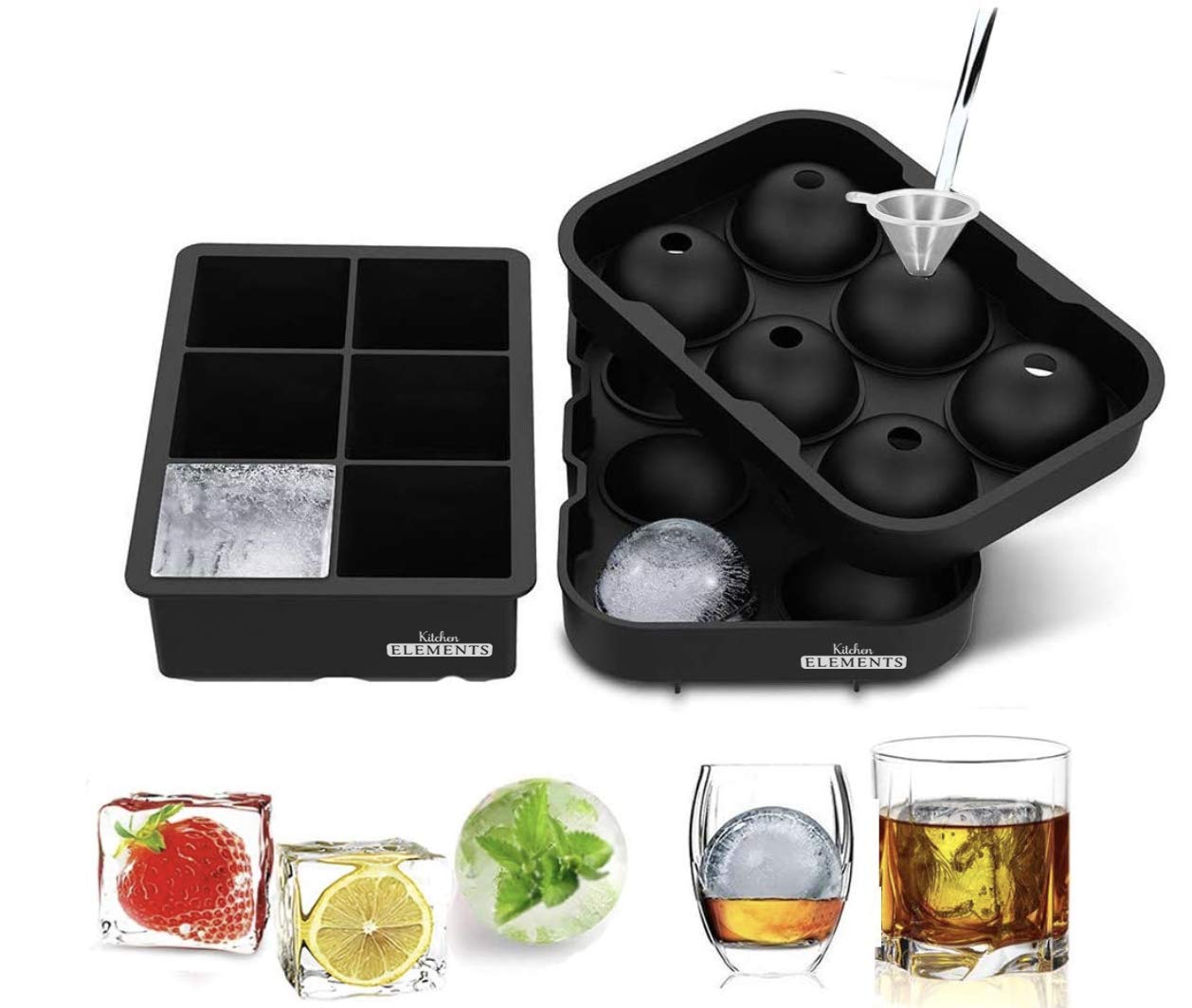 Silicone Ice Cube Tray & Ice Ball Mould [2 Set] | for Christmas | Multi-Purpose for Cocktails, Whiskey, Gin, Baby Food, Jelly | Reusable | by Kitchen Elements