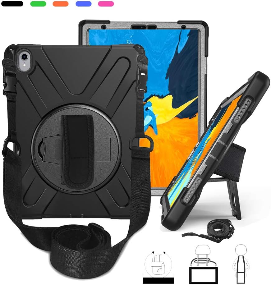 iPad Pro 11-Inch Case - Heavy Duty Shockproof Impact Resistant Rugged Cover Built-in 360 Degree Kickstand/Handle Hands Strap/Shoulder Belt,for Apple iPad Model A1934 / A1980 / A2013 - Black
