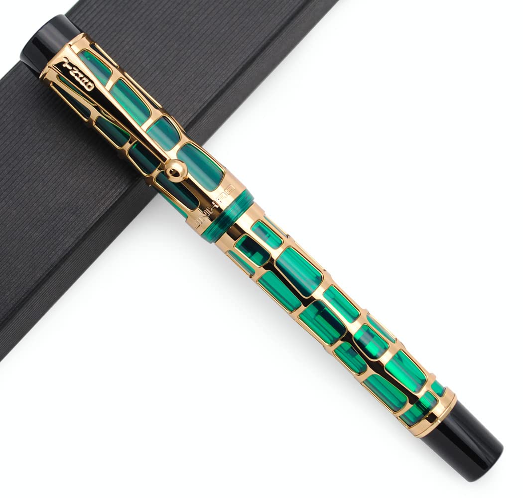 JINHAO 100 Fountain Pen Metal and Resin Grid Skeleton Writing Pen with Converter (Medium Nib, A-Green)