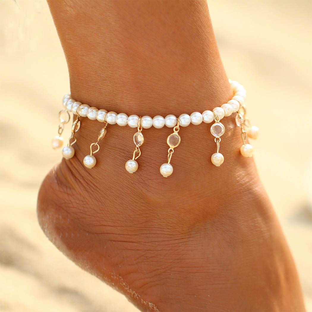 Handcess Boho Pearl Anklet Gold Ankle Bracelets Rhinestone Beads Tassel Foot Chain Jewelry for Women and Girls