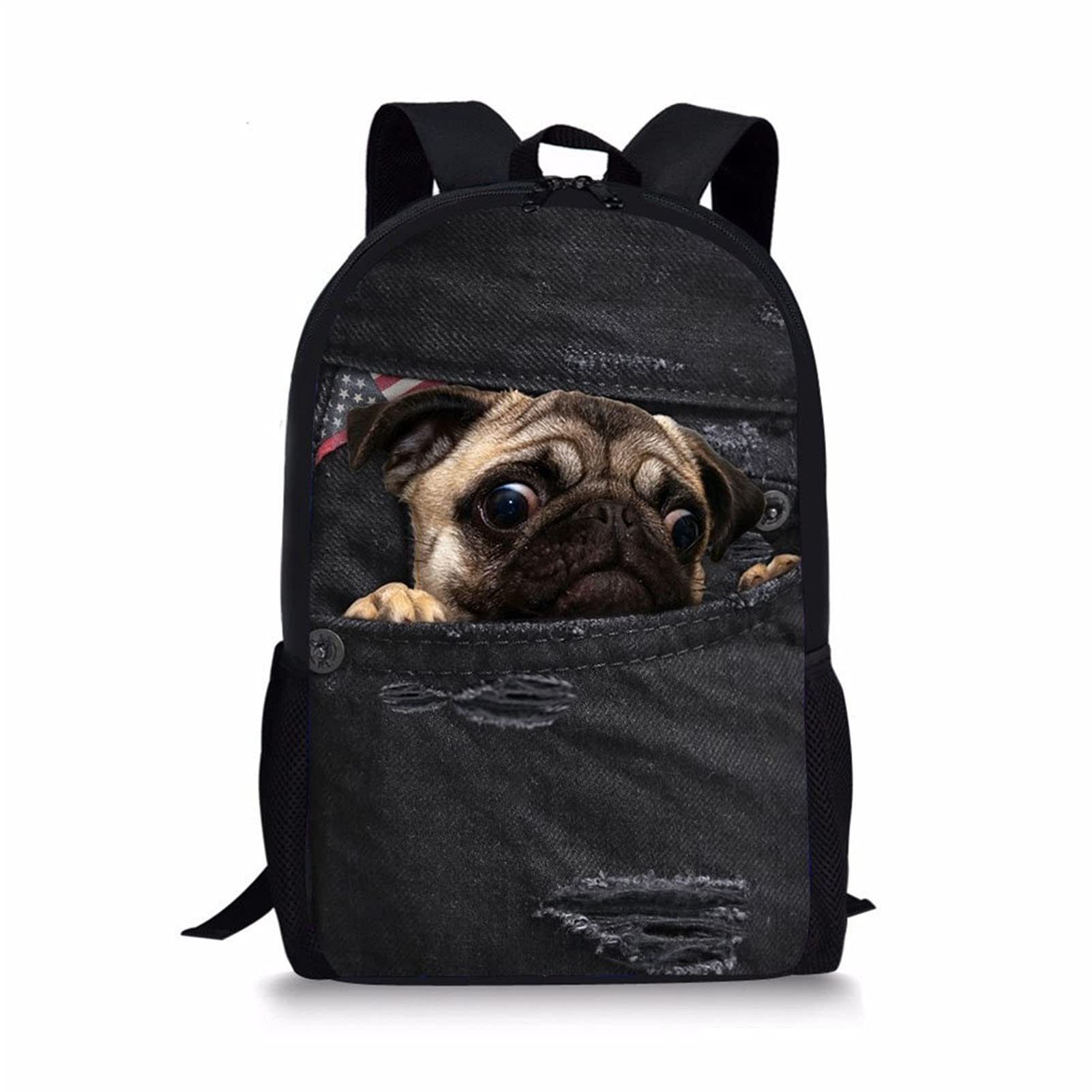 Showudesigns Kawaii Little Kids Bagpack Teen Girls Pug Dog School Bag with Handle Schoolbag Bookbag Boys Rucksack