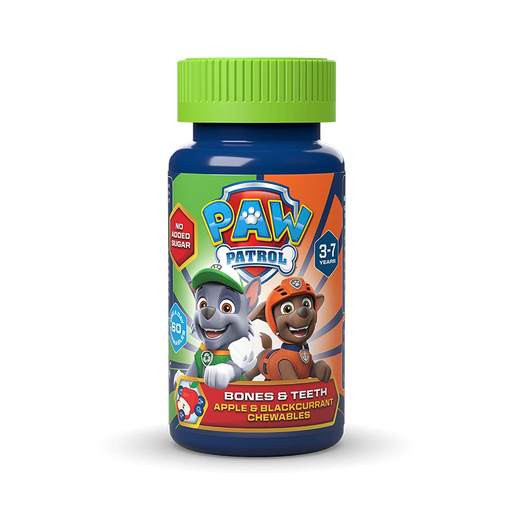 PAW Patrol Bones & Teeth, 60 Apple & Blackcurrant Chewables, Vegan, No Added Sugar, for 3-7 Year olds