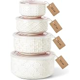 vicrays Ceramic Nesting Bowls with Lids, Set of 4, Embossed Serving Bowls for Food Storage, Popcorn, Salad etc, Microwave &amp; Dishwasher Safe, 10oz to 53oz