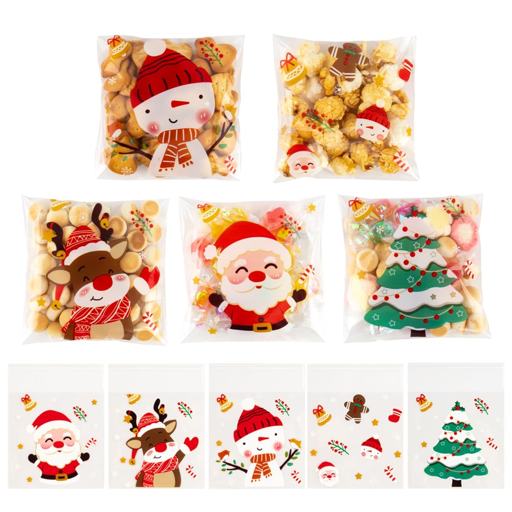 Photo 1 of 100 PCS Self-sealing Christmas Cellophane Treat Bags(4x4 Inch) Plastic Santa Goodie Candy Cookie Loot Gifts Ziplock Bags Bulk Pouches for Christmas Party Favors Supplies Decorations Holiday Xmas Decor