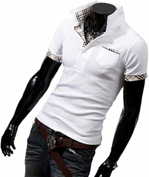 Amazon Kimberley チェック 襟 ポロシャツ L 白 メンズ Tシャツ 半袖 Vネック カジュアル 男性 お兄系 ファッション トラッド スリム キレカジ Tシャツ カットソー 通販