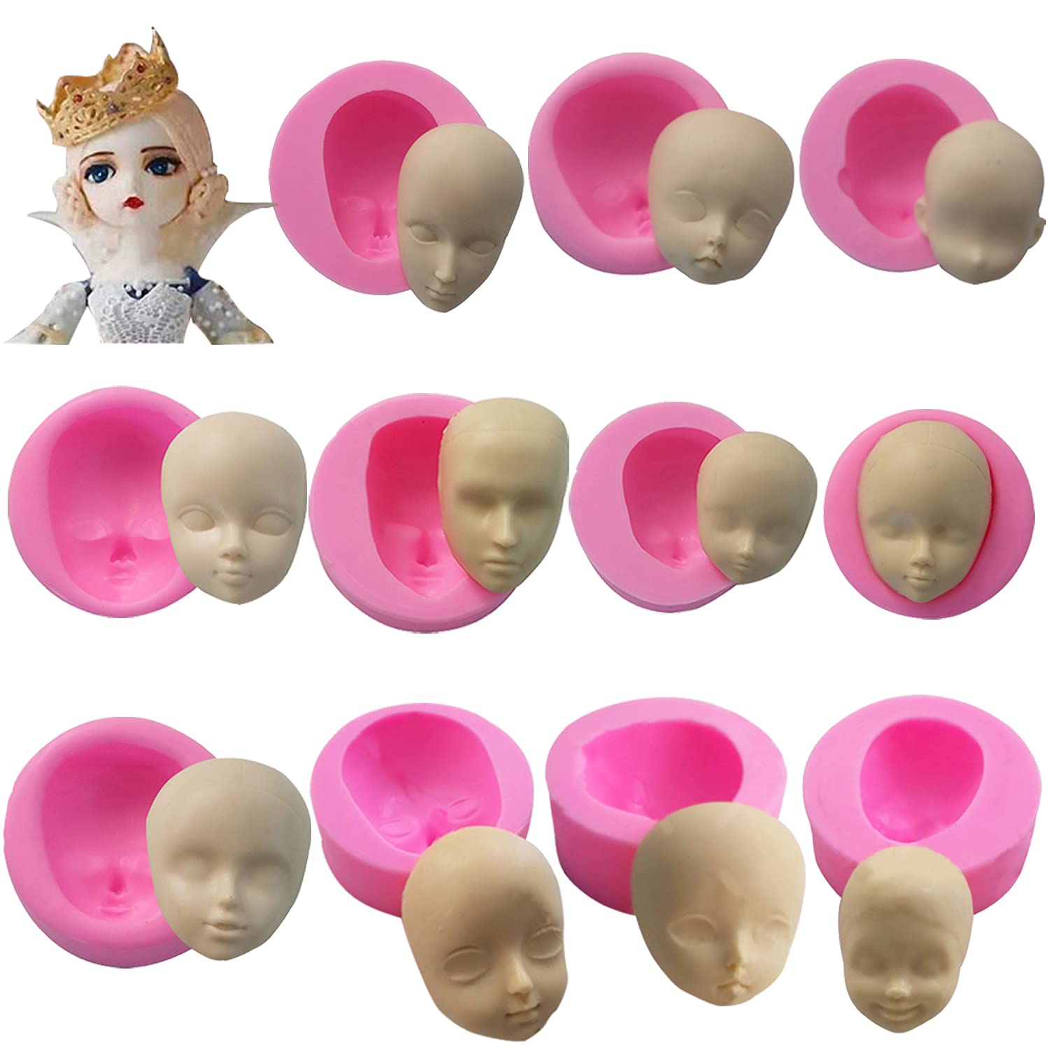 WonDerfulC 11pcs Silicone Human Head Mould Fondant Face Moulds Model Doll Head Mold Making Cake Clay Resin Candle Soap Molds