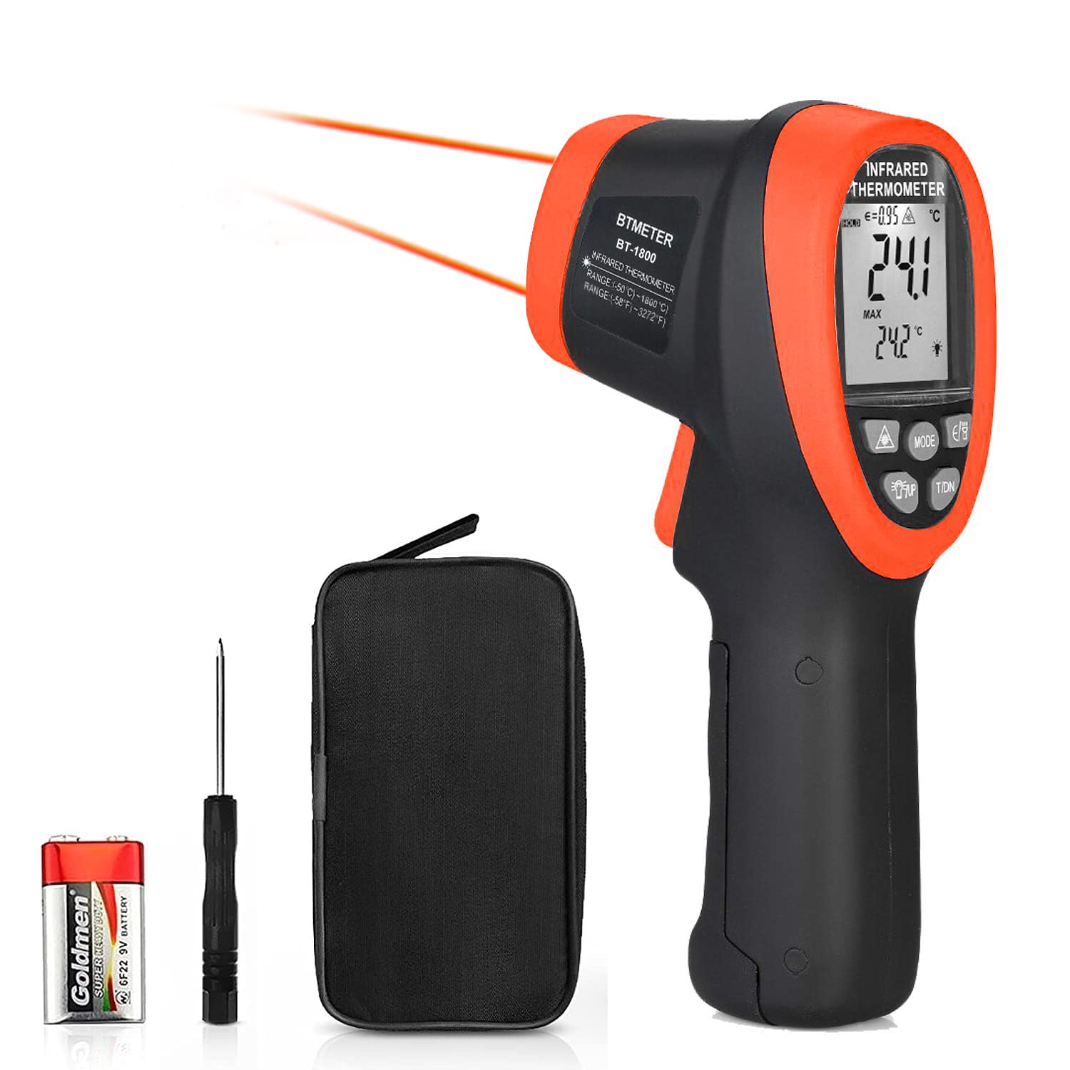 Infrared Thermometer DS 50:1 - BTMETER BT-1800 Digital Pyrometer Non Contact IR High Temperature Gun with Circle Laser, FDA, Flashlight, High/Low Temp Alarm for Kiln Forge Foundry Metal Steel Casting