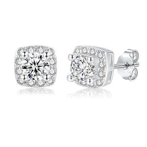 Deyanse Silver Stud Earrings for Women Men Girls, 925 Sterling Silver Square Stud Earrings, Hypoallergenic Ear Studs with Zirconia, Cartilage Sleeper Studs Small Flat Earring for Multiple Piercing