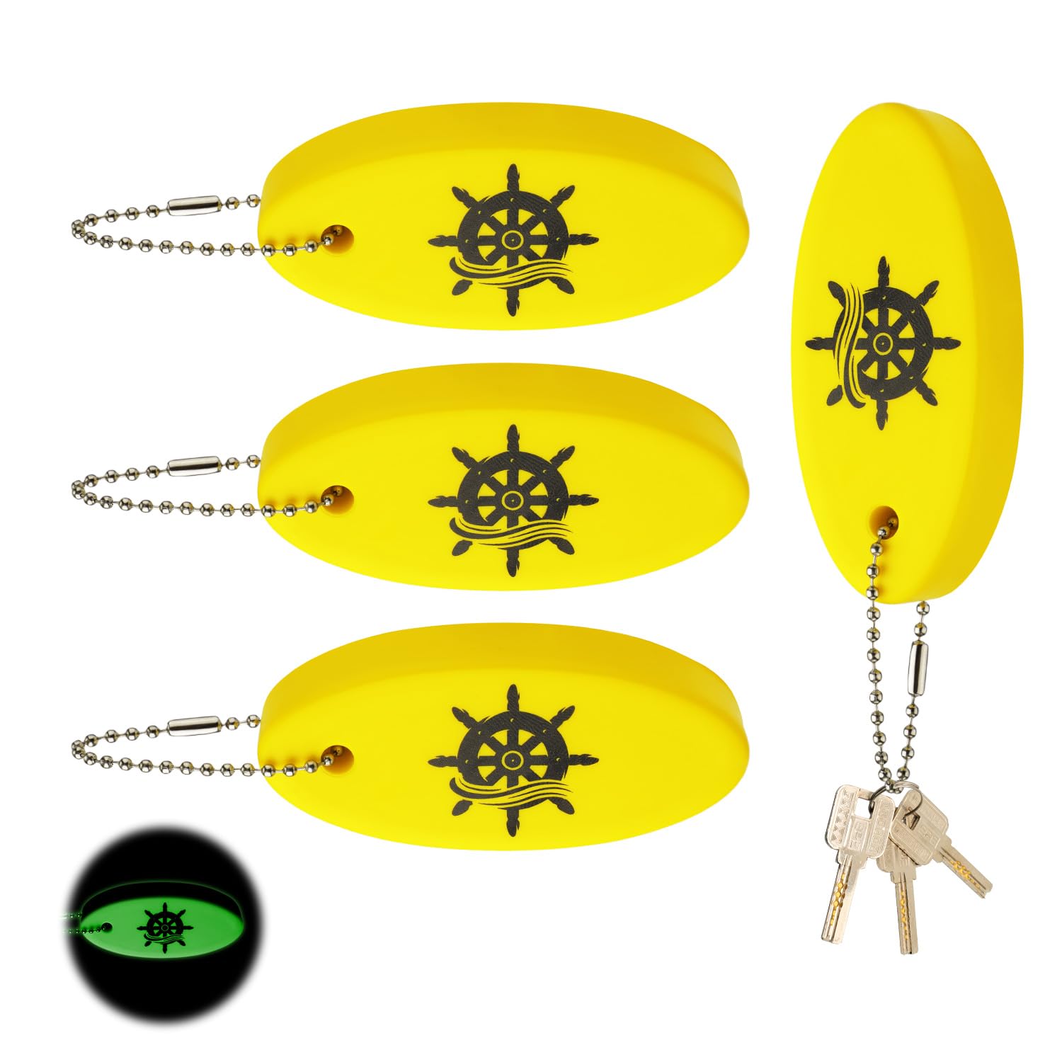 XIHIRCD 4pcs Floating Keyring, Glow in the Dark Floating Key Chain Oval Foam Floating Key Rings Boat Key Float Accessories for Boating Fishing Surfing Sailing Outdoor Water Sports (Yellow)