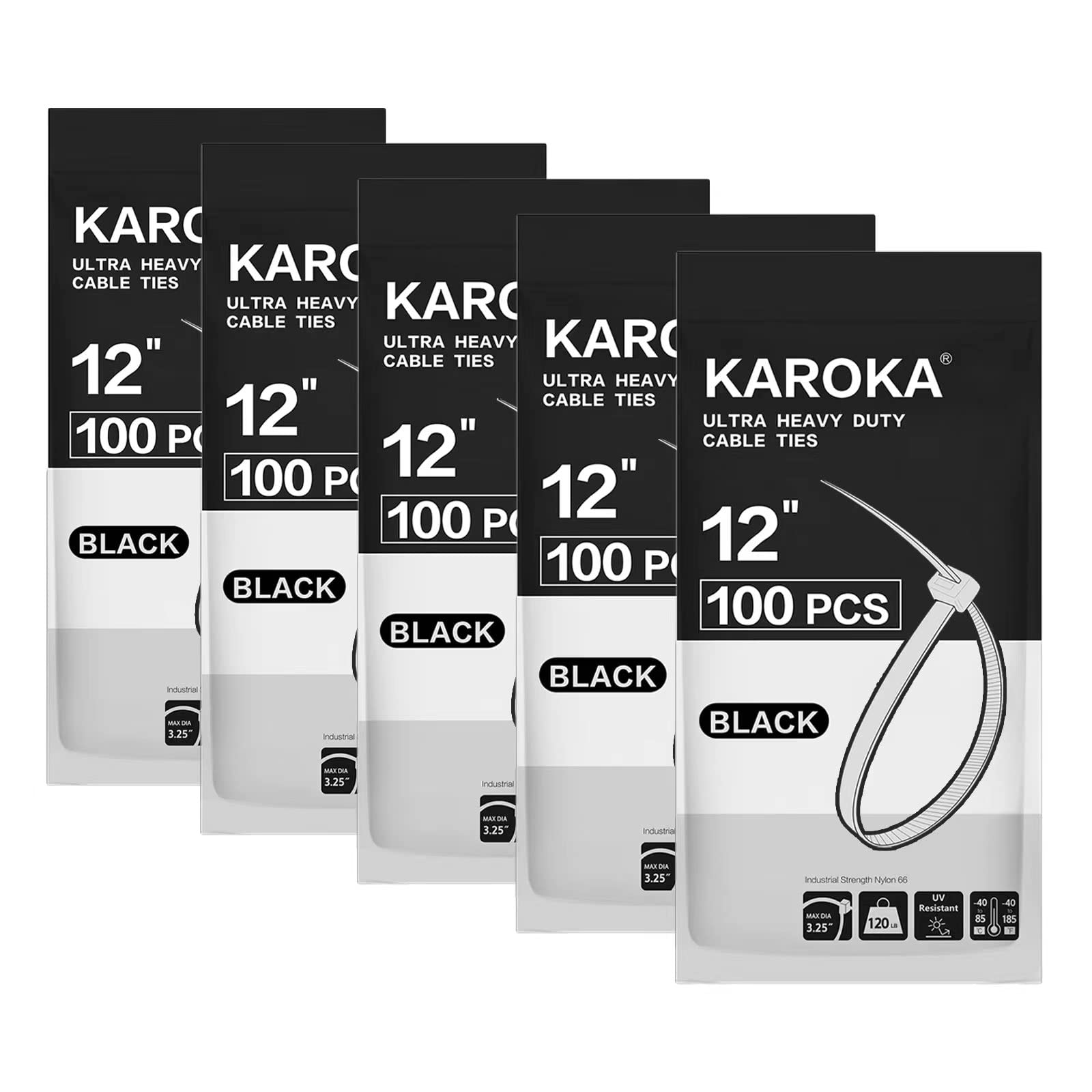 Zip Ties Heavy Duty 12 inch with 120 Pounds Tensile Strength, Black Heavy Duty Cable ties, 500 Pieces,by Karoka