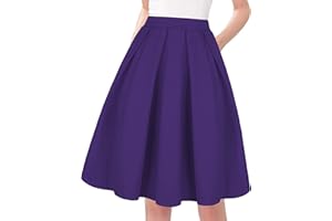 Tandisk Women's Vintage A-line Printed Pleated Flared Midi Skirt with Pockets