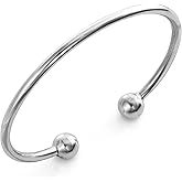 VN Jewelry 925 Sterling Silver Torque Bangle for Women, Hollow Cuff Bracelet with Ball Ends, 3mm Wide, Classic Minimalist Design