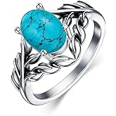 DOLIOX Real Turquoise Rings for Women Genuine Oval Stone Dainty Jewelry 925 Sterling Silver Leaf Boho for Her Wife Mom
