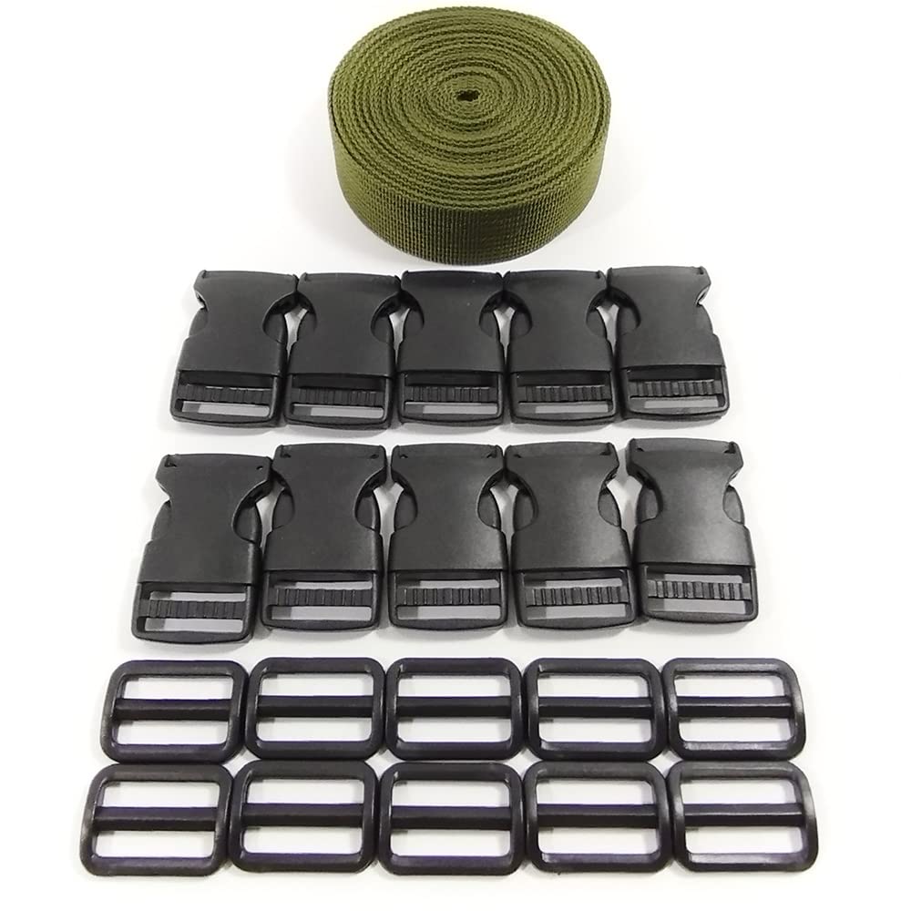 Backpack Strap (5 Meter x 38mm) + 20 Plastic Buckles Straps, Backpack Ribbon for Sewing and DIY Bags and Suitcase Luggage Straps, Green Strap, (38 MMX 5m, 327)